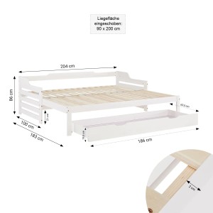 Weißes Homestyle4u Tagesbett/Ausziehbett 90x200 mit Bettkasten und Lattenrost. Maßangaben sind im Bild.