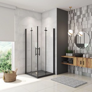 Schwarze AICA Falttür Dusche 90x120cm mit 6mm ESG-Glas und NANO-Beschichtung im modernen Bad. Eckeinstieg Duschkabine.