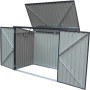 Geöffnete graue Metall Mülltonnenbox für 2 Tonnen (240L), Doppeltür und geöffneter Deckel.