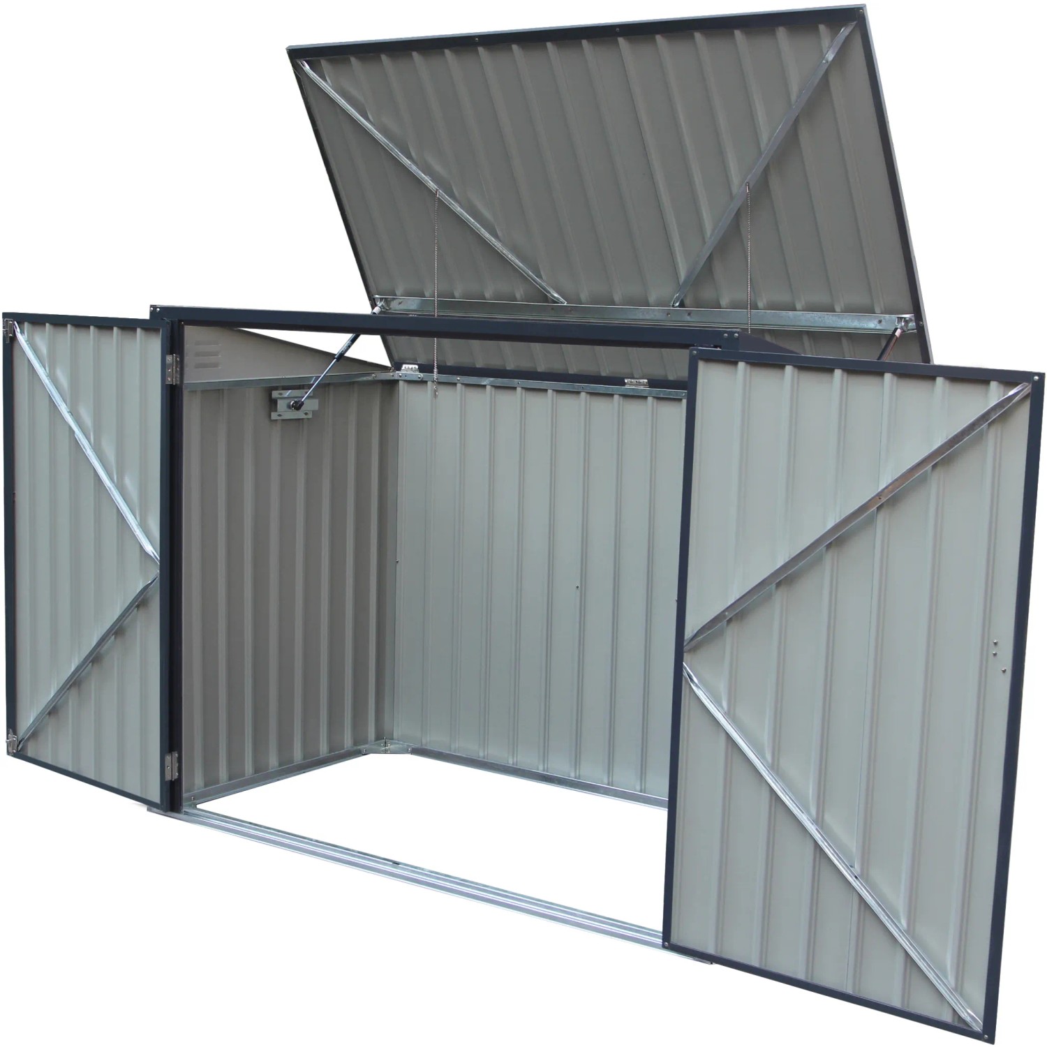 Geöffnete graue Metall Mülltonnenbox für 2 Tonnen (240L), Doppeltür und geöffneter Deckel.