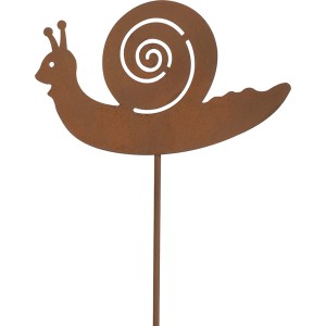 Rostfarbener Gartenstecker Schnecke aus Metall, 115 cm hoch, zur Dekoration von Beeten.