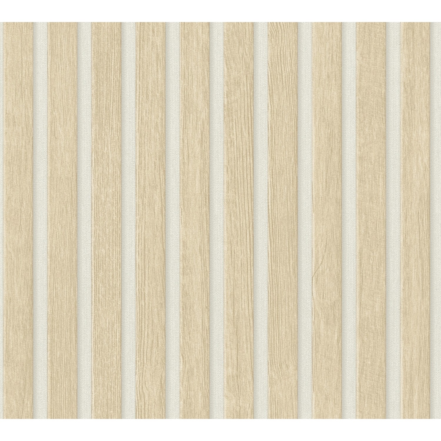 Beige-weiße Vliestapete mit Holzpaneel-Optik von A.S. Création, Dekorative Tapete.