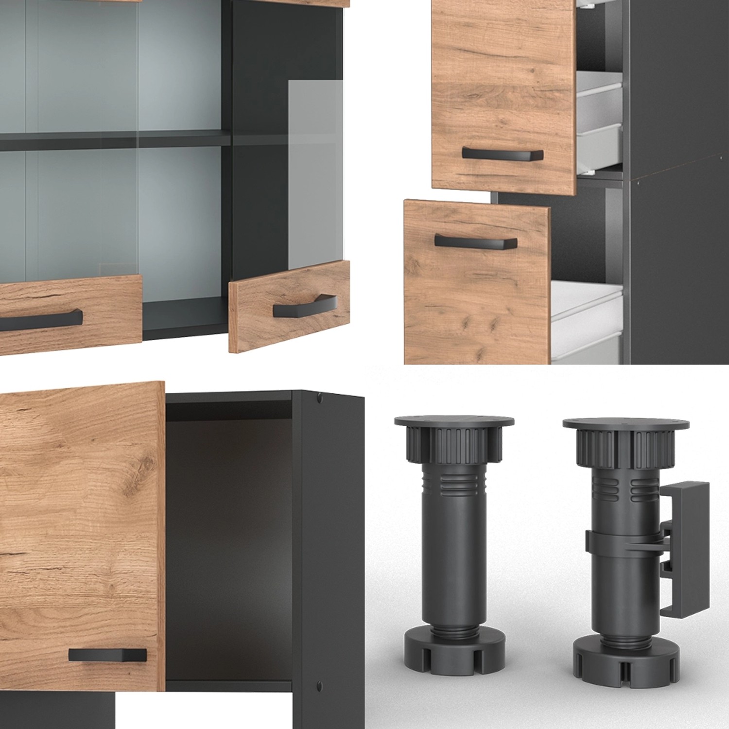 Vicco R-Line Küchenzeile 350cm, Eiche/Anthrazit, Details von Schränken und Füßen.