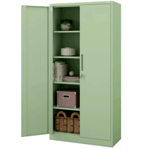 DELUKE Aktenschrank KADO, pastellgrün, mit geöffneter Tür und Regalfächern.
