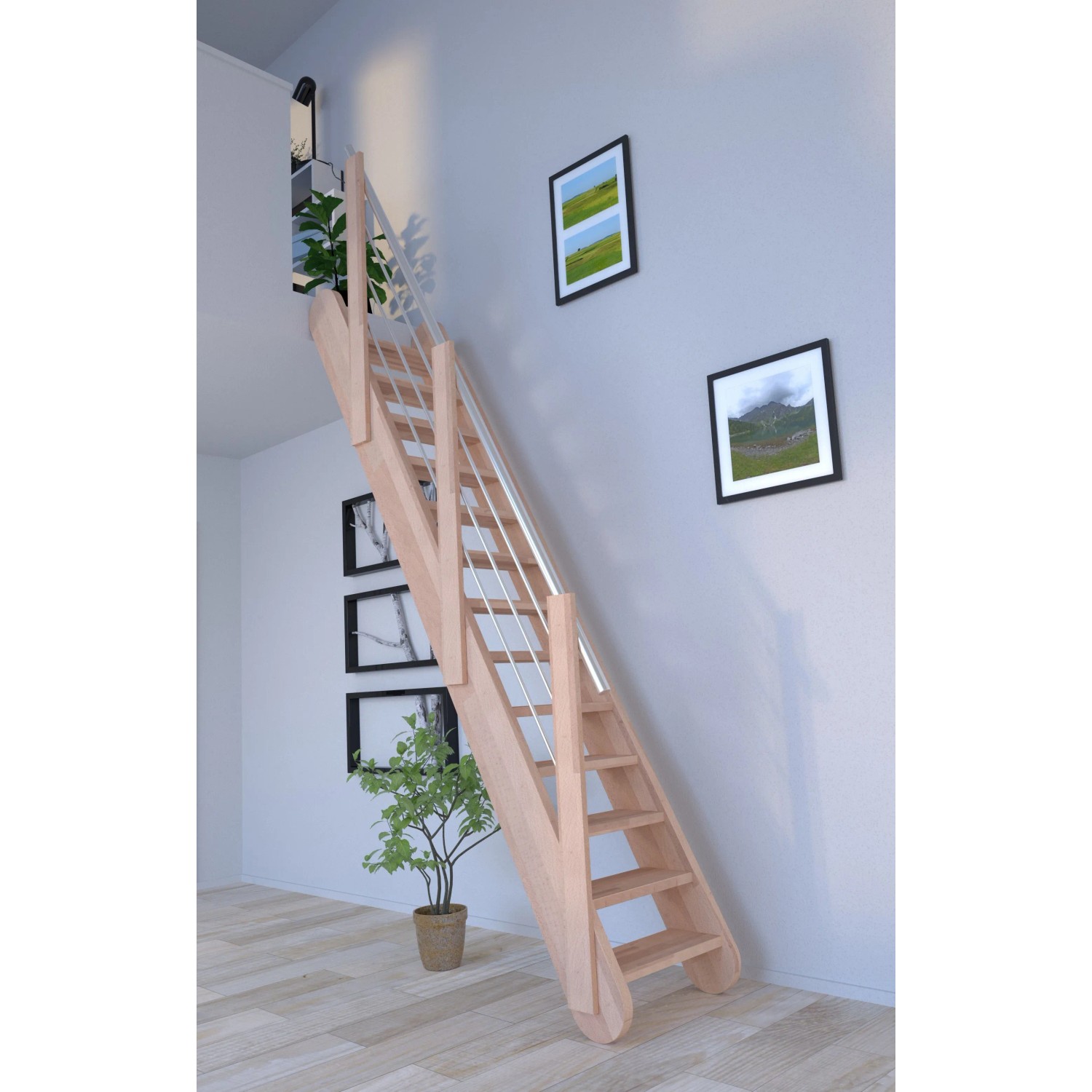 StarWood Treppe Samos Buche mit Edelstahlgeländer, ganze Stufen, für den Innenbereich.