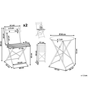 Technische Zeichnung des Beliani Bistro Sets FIORI. Klappbarer Gartentisch und zwei Stühle mit allen Maßen.