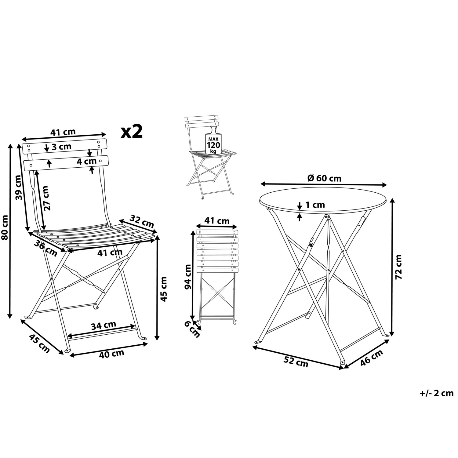 Technische Zeichnung des Beliani Bistro Sets FIORI. Klappbarer Gartentisch und zwei Stühle mit allen Maßen.