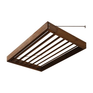 Modernes, braunes Holz-Vordach (120 cm) mit Edelstahl-Spannern als Haustür-Sonnenschutz.