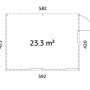Grundriss Palmako Holz-Gartenhaus Pultdach, 582x420 cm, weiße Lackierung, mit Maßangaben.