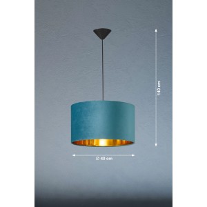 Türkisfarbene Fischer & Honsel Pendelleuchte Aura Samt, Ø 40 cm, mit goldfarbener Innenseite.