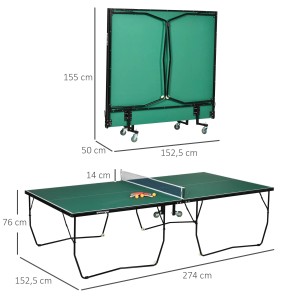 SPORTNOW Tischtennisplatte, klappbar mit Netz und Rollen. Grüne Platte mit schwarzem Stahlgestell. Abmessungen sichtbar.