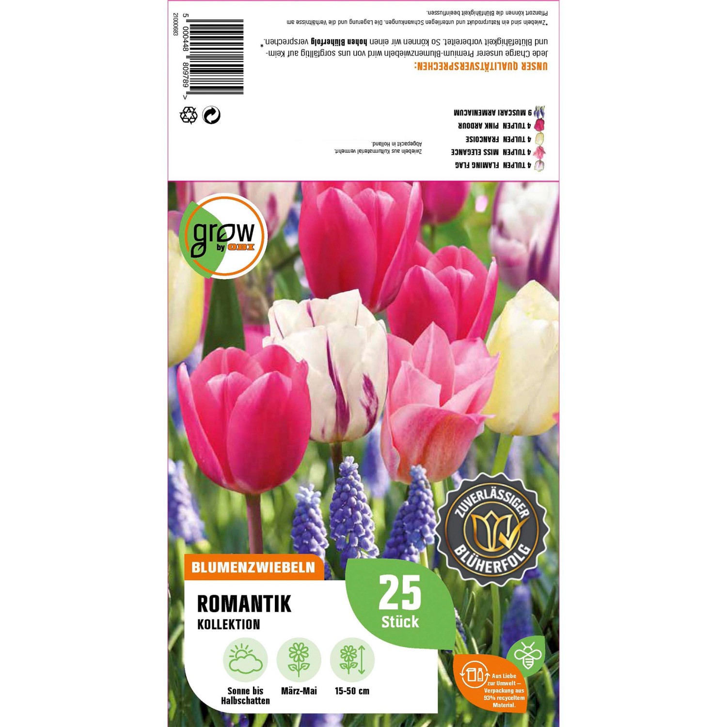 GROW by OBI Romantik-Kollektion, 25 Blumenzwiebeln mit rosa, weißen und blauen Tulpen und Traubenhyazinthen.