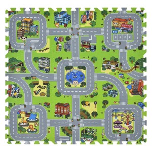 Juskys Kinder Puzzlematte Jascha, 9-teilig, mit Straßen, Gebäuden und Tieren.
