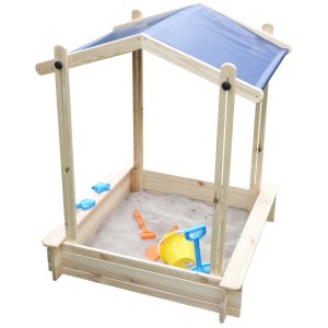 Promadino Sandkasten Peter mit absenkbarem Dach aus Kiefernholz, inkl. Spielzeug.