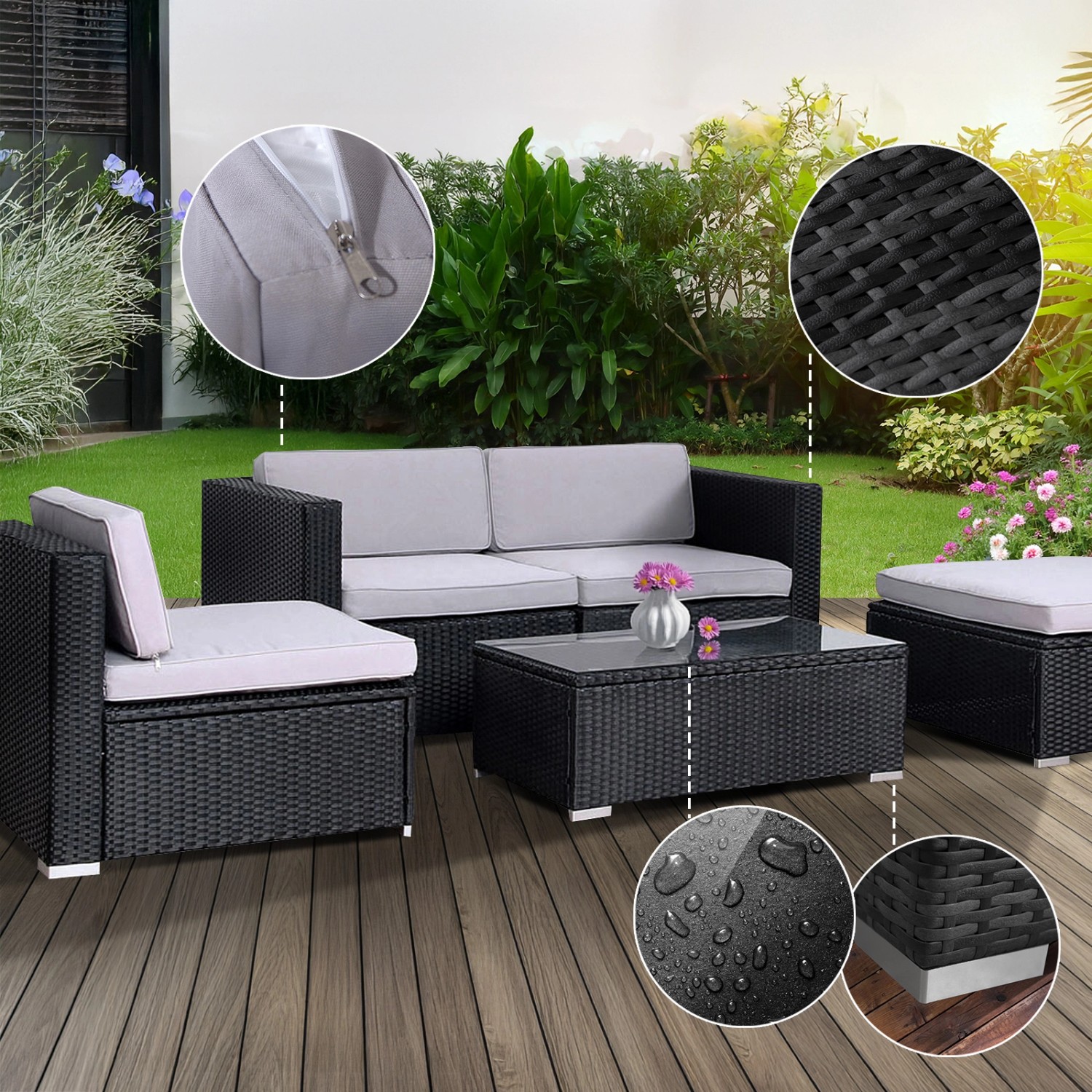 Schwarze Svita California XL Gartenlounge aus Polyrattan mit Sessel, Tisch, Bank und Kissenbox.