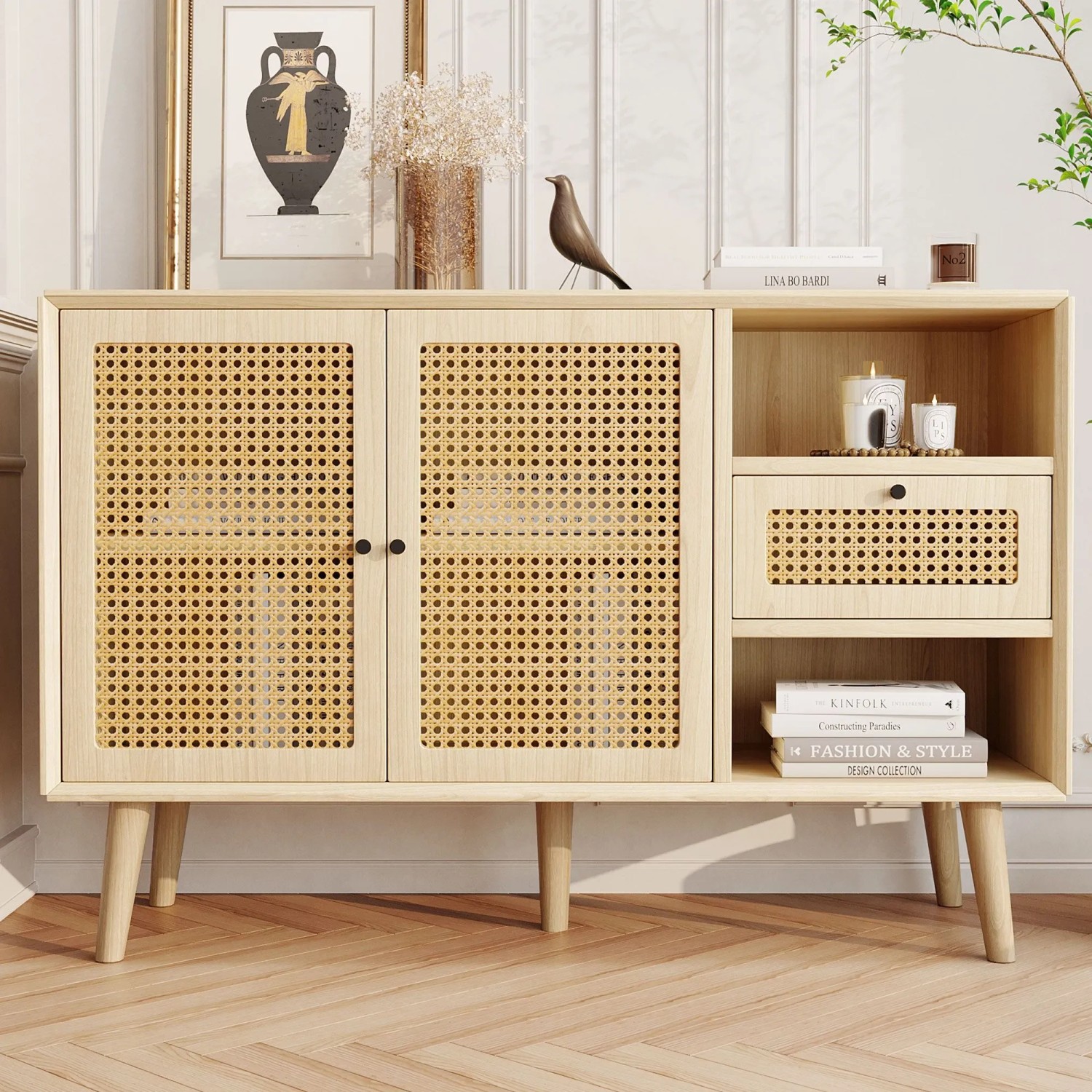 Merax Sideboard 120x40x80 cm Eiche Rattan 1 Schublade 2 Türen Verstellbare Ablagen_2