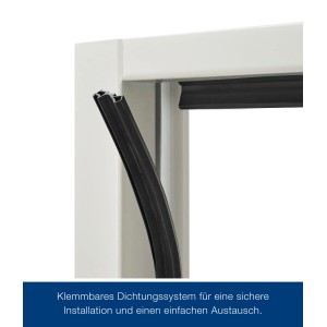 Detailaufnahme: Hörmann Brandschutzklappe T30 H8-5, Grauweiße Stahlzarge mit Dichtung.