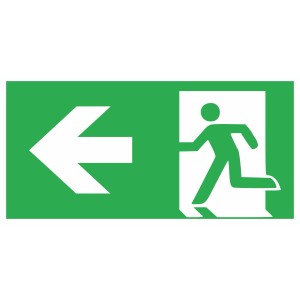 Nachleuchtendes Notausgangsschild links, 30x15 cm, grüner Hintergrund, weiße Symbole für Fluchtweg.