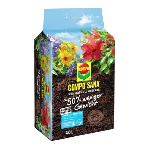 Compo Sana torffreie Qualitäts-Blumenerde mit weniger Gewicht im 40L Sack.