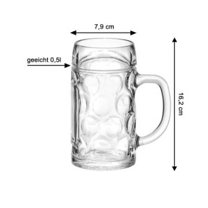Klarer Van Well München Bierkrug aus Glas, 0,5 l geeicht, mit Noppenstruktur und Griff. Höhe 16,2 cm.