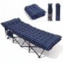 Blau-kariertes Sekey Campingbett mit Matratze, aufgeklappt. Kompaktes, faltbares Feldbett für Camping & Zubehör.