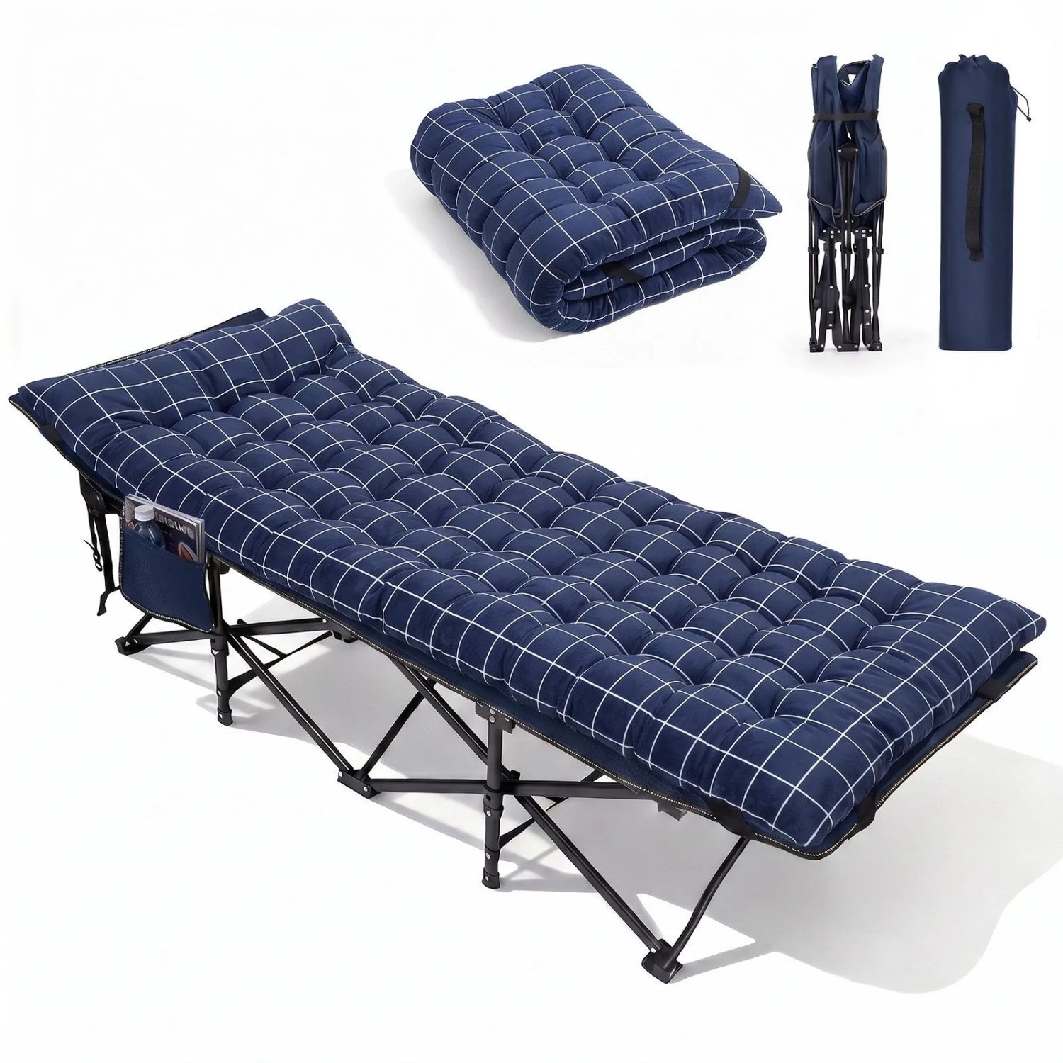Sekey Campingbett Klappbar Feldbett mit Matratze Blau-Kariert 190 x 71 x 35 cm