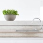 Braungraue Ecopots Pflanzschale Brussels, 25x12 cm, mit grünen Kräutern auf einer Küchentheke.