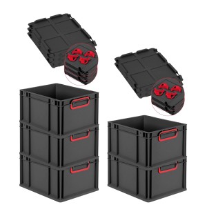 PROREGAL SparSet 5x Eurobox Nextgen Color Mit Auflagedeckel HxBxT 22x30x40cm 20 Liter Schwarz Griffe Rot Geschlossen Eurobehälter Transportbox