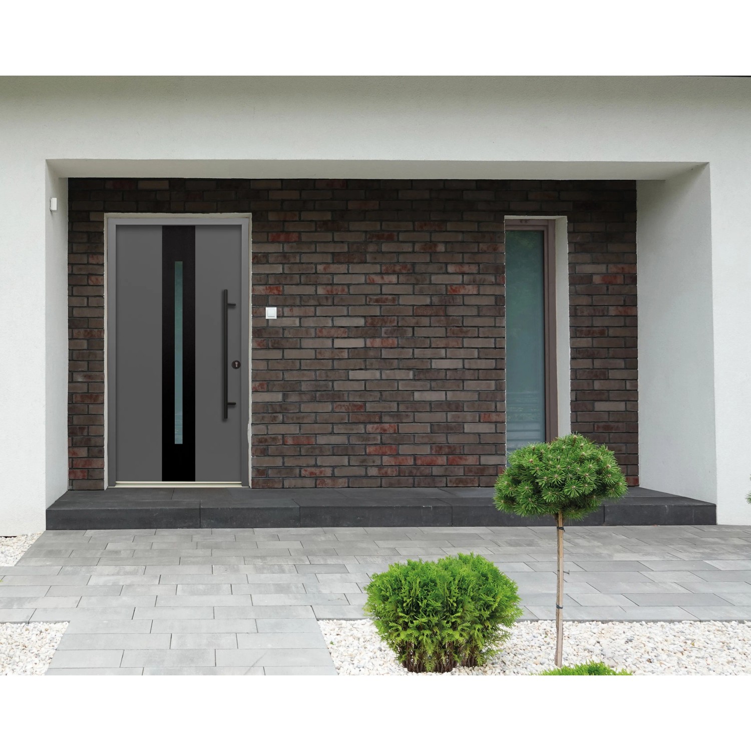 Moderne, anthrazitfarbene Splendoor Haustür ThermoSpace Prime Dublin mit Glaseinsatz und Edelstahlgriff.
