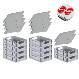 PROREGAL Spar Set: 10 Euroboxen mit Deckel und 4 Schiebeschnappverschlüssen, 11 Liter, grau.