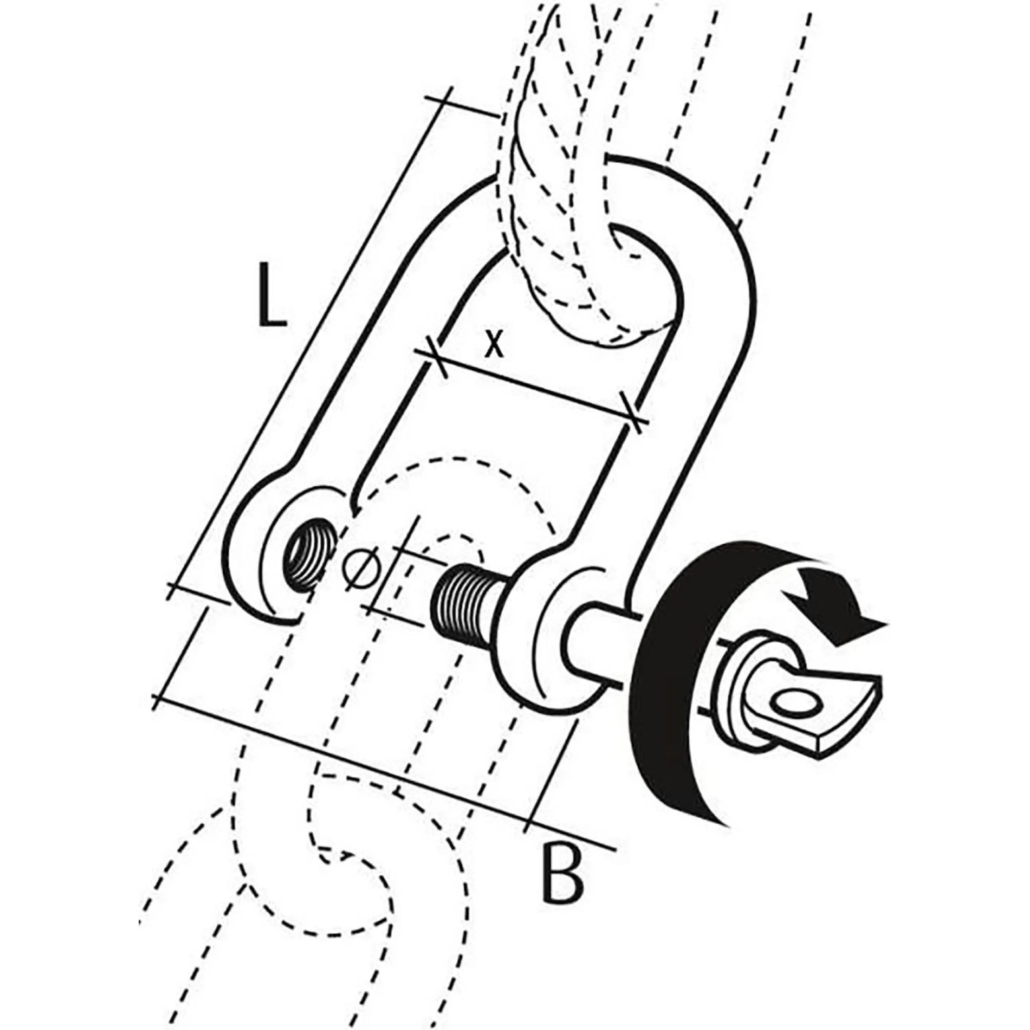 Technische Zeichnung Conacord Schäkel, gerade, V4A-Stahl, mit Maßen und Details.
