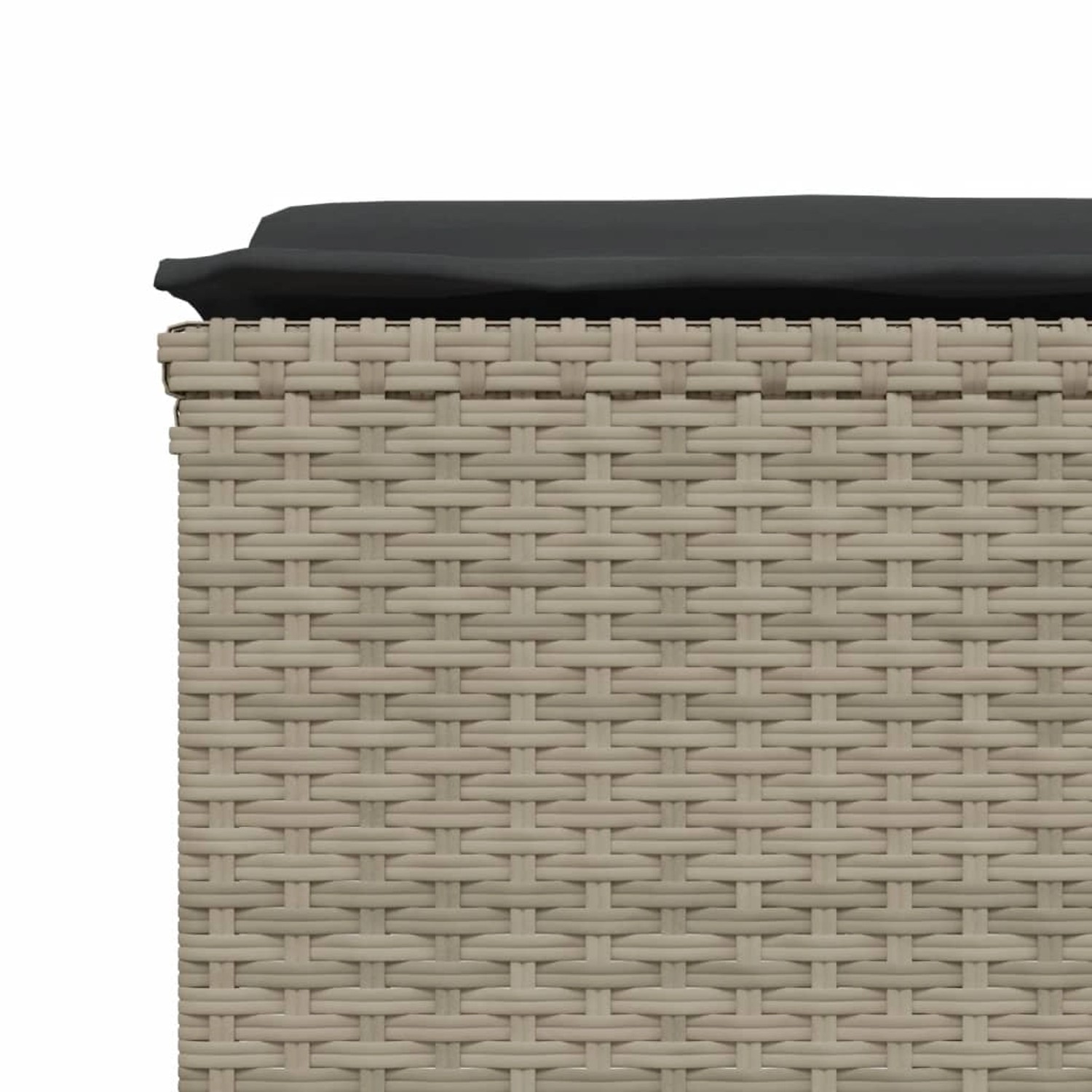 Detailansicht der hellgrauen vidaXL Garten-Sofagarnitur aus Polyrattan mit dunklen Kissen.