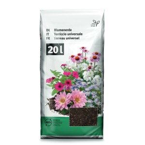 Sack Blumenerde Torffrei, 20 l, mit Blumenabbildung. Universalerde für Garten, Balkon und Terrasse.