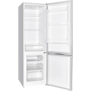 Offene PKM Kühl-Gefrierkombination KG240EIX im Inox-Design mit LED-Beleuchtung und Fächern.