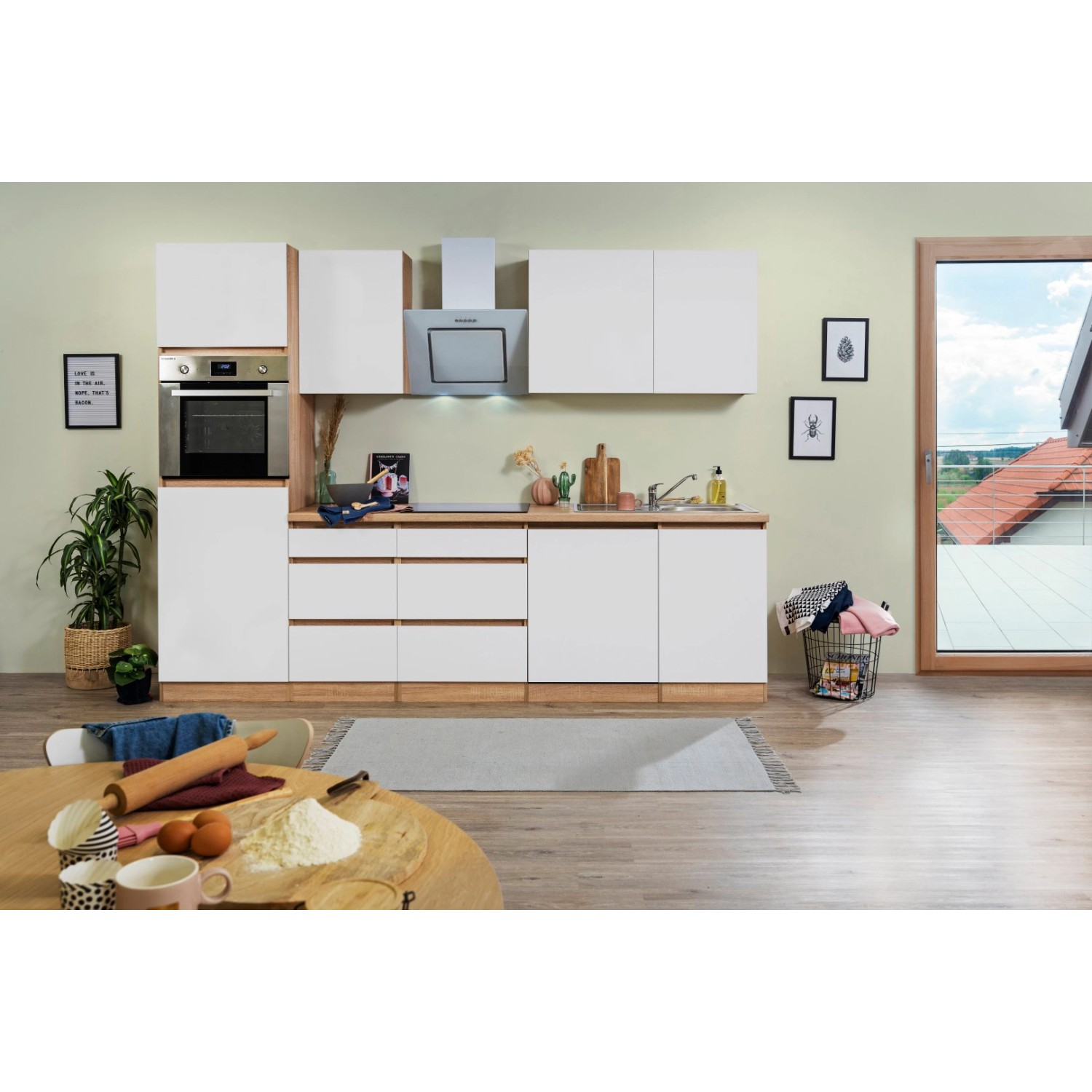 Respekta Küchenzeile/Küchenblock ohne E-Geräte 280 cm Grifflos Weiß Matt-Eiche Sägerau