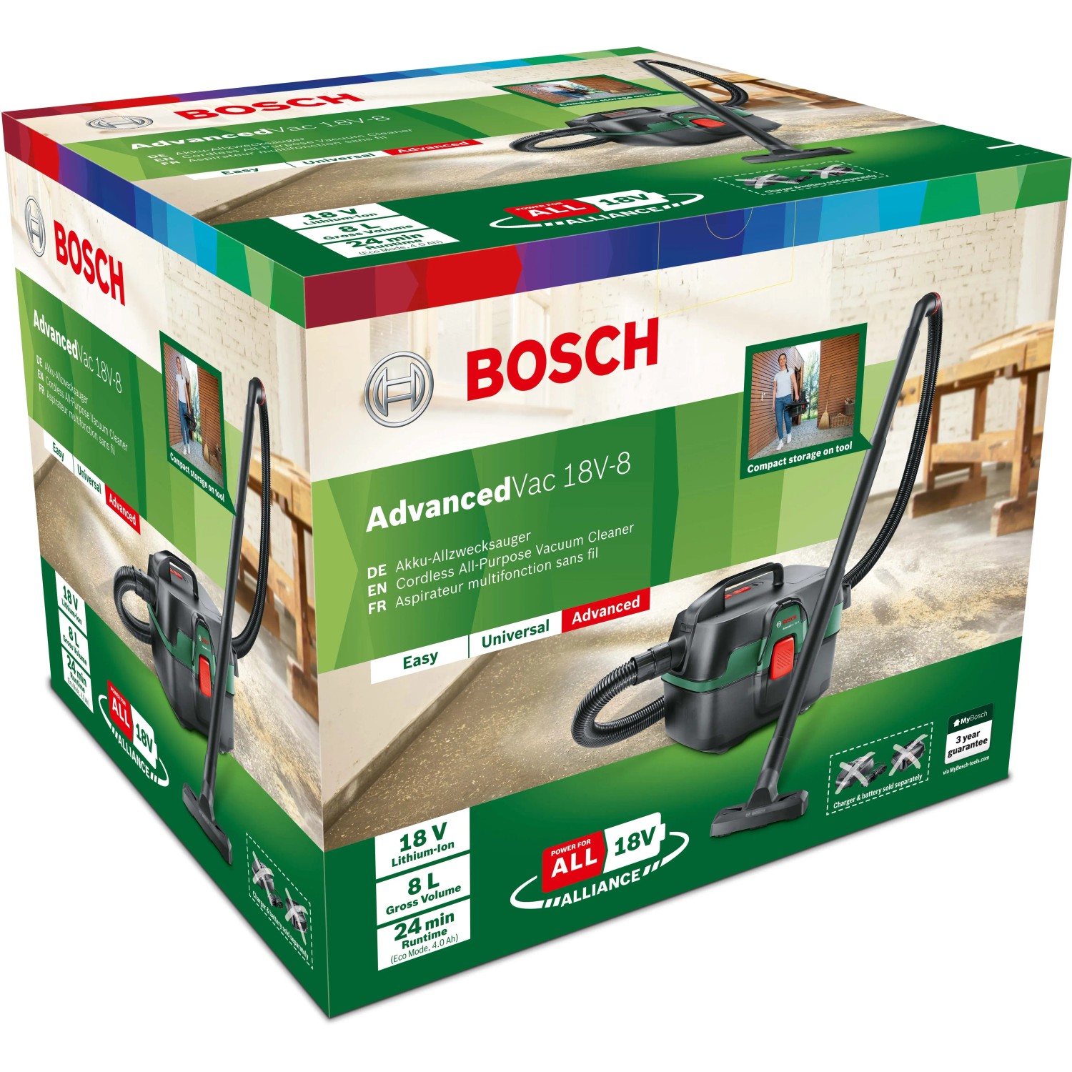 Verpackung des Bosch Akkusaugers AdvancedVac 18V-8, ein Nass- & Trockensauger.