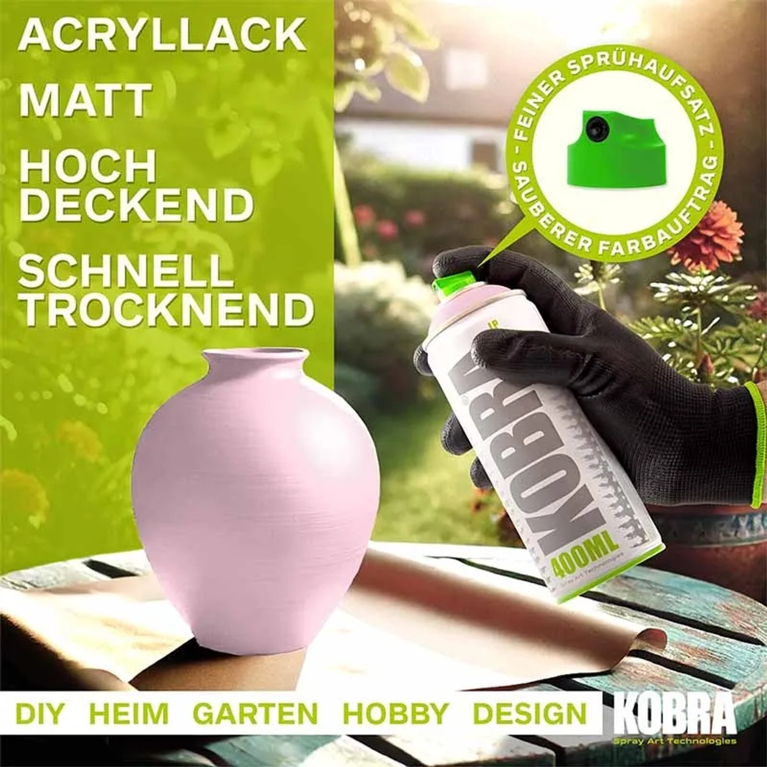 Kobra LP Buntlack Spray Pastellpink Matt 400ml Dose beim Lackieren einer Vase.