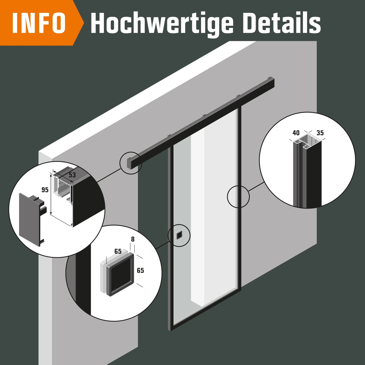 Detailansicht Loft+Mehr Schiebetür-Set Klarglas mit Beschlag und Griff, Maße hervorgehoben.