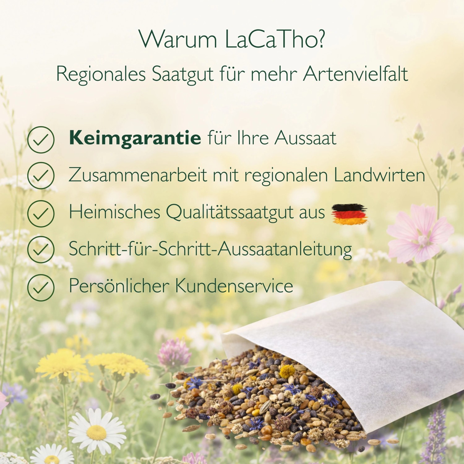 LaCaTho Fledermausmischung Samen in Tüte auf Wildblumenwiese. Regionales Saatgut mit Keimgarantie für Aussaat.
