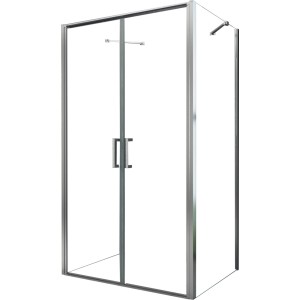 Glasdeals Duschkabine SYSTEMS aus 8mm ESG Glas mit Chromprofilen und zwei Pendeltüren. Ecklösung für Duschen.