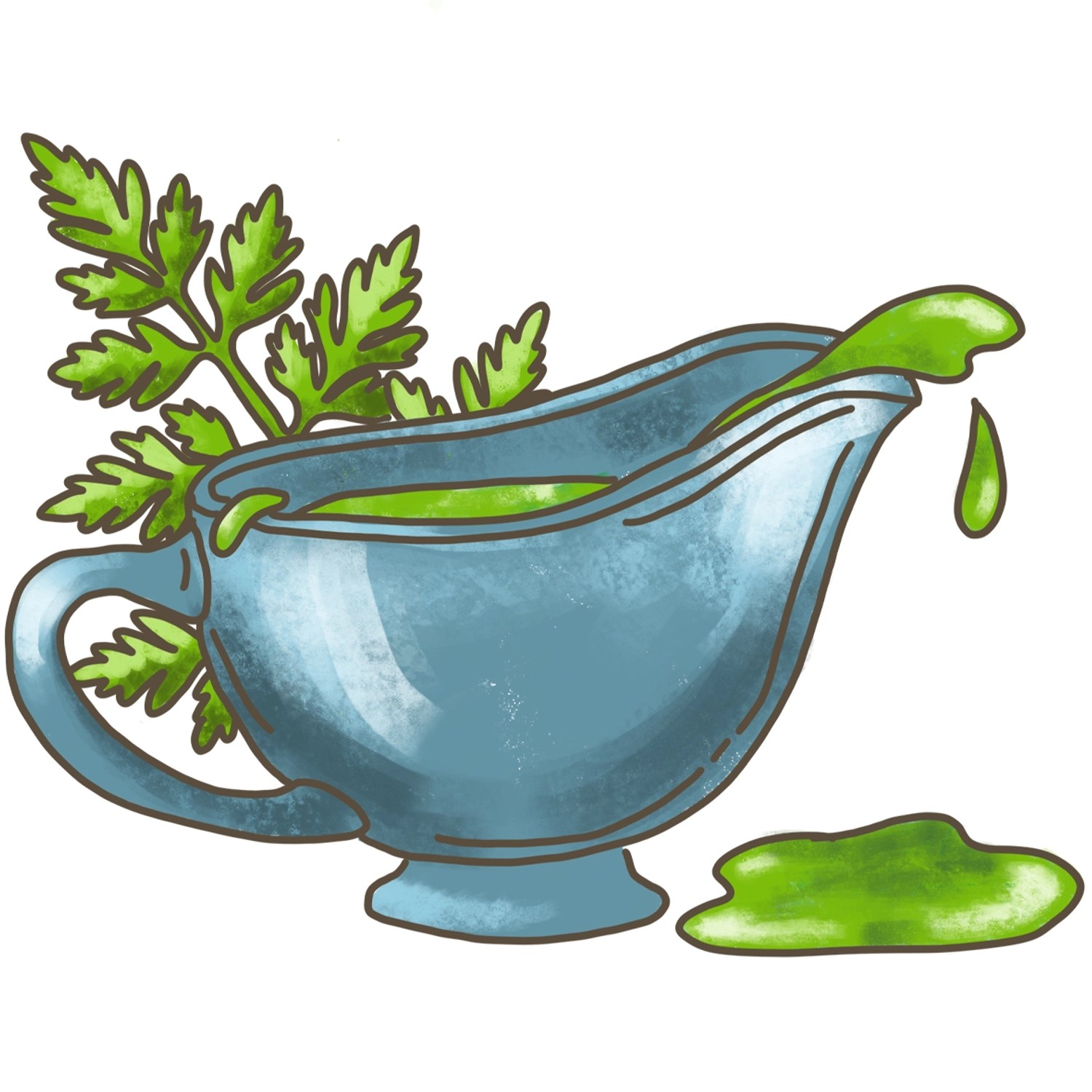 Illustration: Kerbel-Kräuter-Soße in blauer Soßenschüssel mit Kerbelzweig.