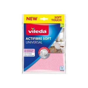 Vileda Actifaser Universaltuch 2er-Pack, rosa Mikrofasertücher im Folienbeutel.