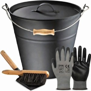 BLACK OAK Ascheeimer Set: 10L Metalleimer mit Deckel, Schaufel, Feger und Handschuhen für Kamin & Grill.
