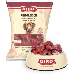 Dibo Hunde-Barf Rindfleisch 500g: Packung und Schale mit rohem Frostfutter für Hunde.