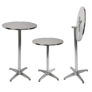 Silberner Alu-Stehtisch, höhenverstellbar (70/110cm) und klappbar, mit runder Platte und Kreuzfuß. Ideal für Bistro.
