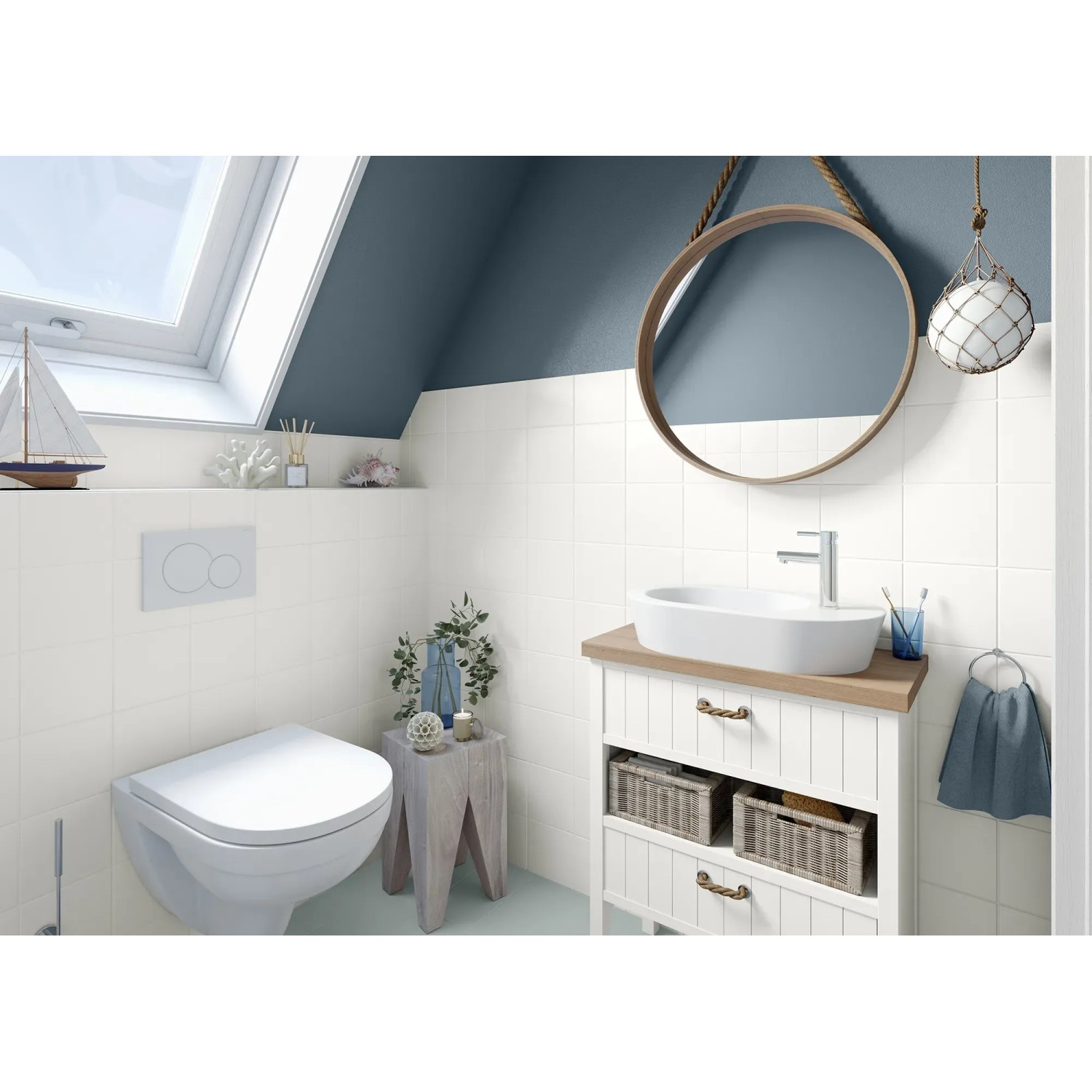 Badezimmer mit Baumwollweiß gestrichenen Möbeln mit Alpina Möbellack Bad & Küche.
