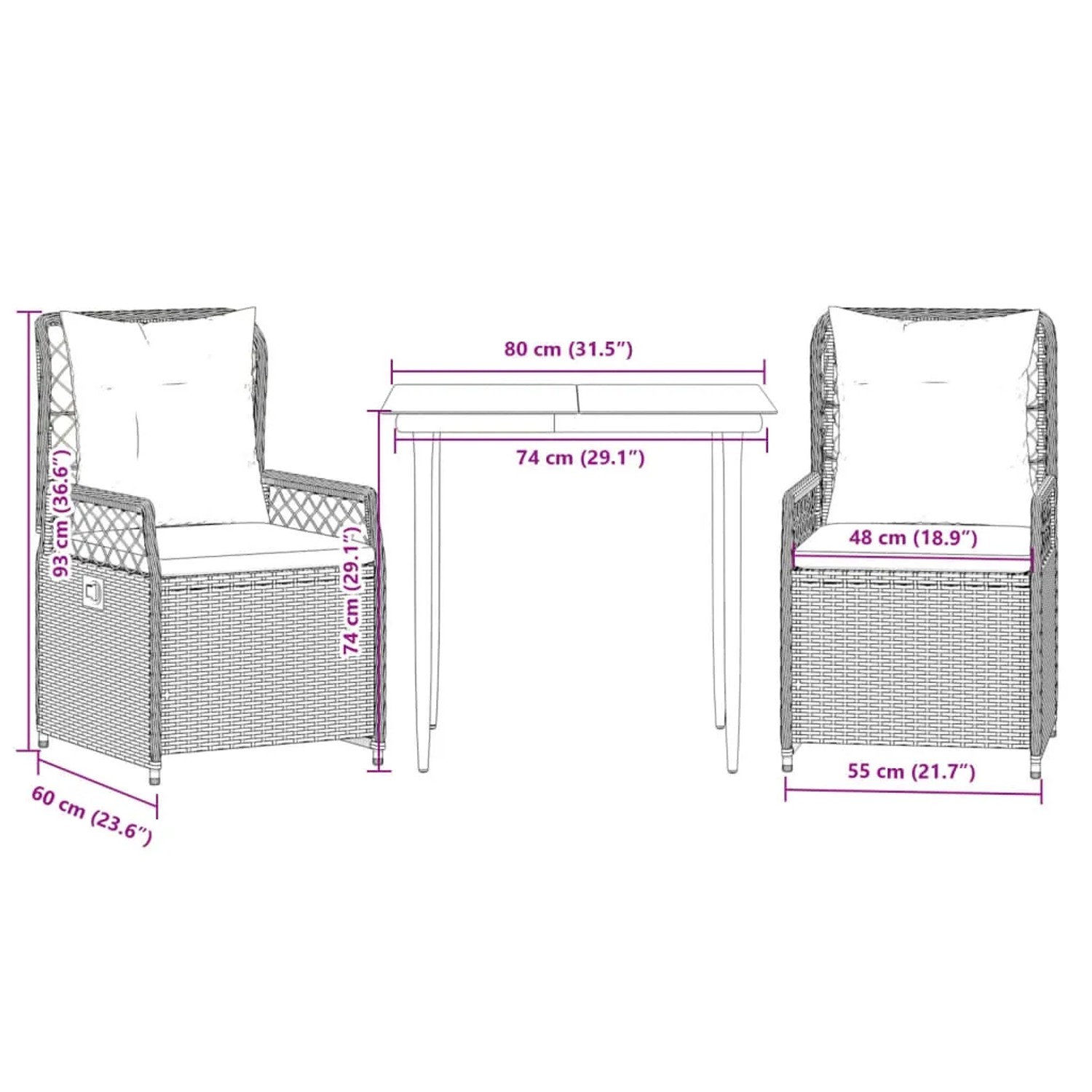 vidaXL 3-tlg. Garten-Essgruppe aus grauem Rattan mit Tisch und Stühlen mit Kissen.