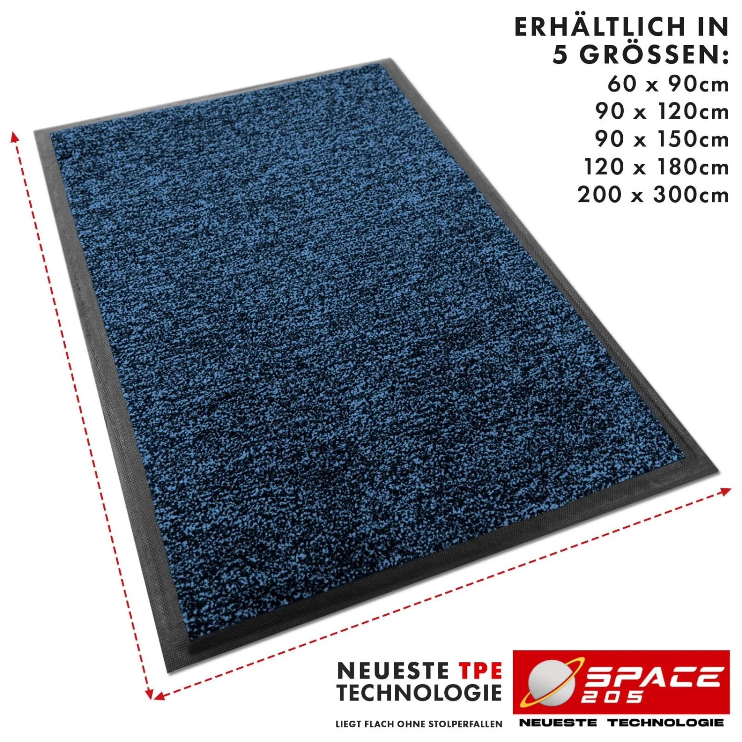 Blaue Floordirekt Space 205 Schmutzfangmatte. Rutschfeste Fußmatte mit TPE-Rücken, Velours-Oberfläche. In verschiedenen Größen.