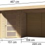 Karibu Holz-Gartenhaus Linköbing, unbehandelt, mit Maßangaben. Flachdach-Gartenhaus mit Anbau.