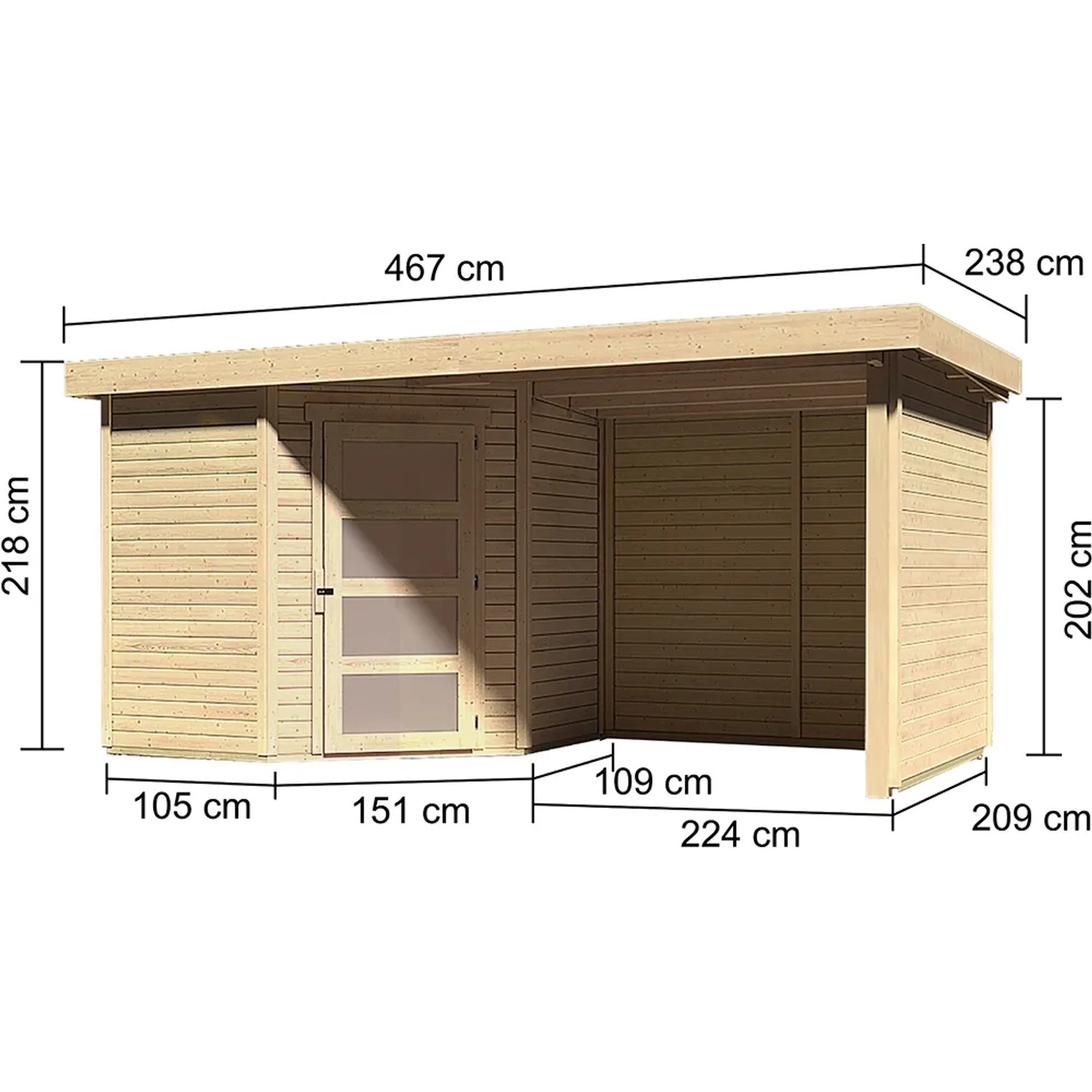 Karibu Holz-Gartenhaus Linköbing, unbehandelt, mit Maßangaben. Flachdach-Gartenhaus mit Anbau.